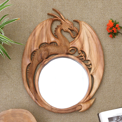Wood wall mirror, 'Mysterious Dragon' - Hand-carved Wood Dragon Wall Mirror from Bali