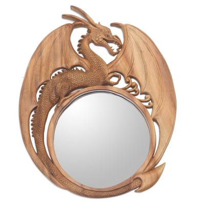 Hand-carved Wood Dragon Wall Mirror from Bali