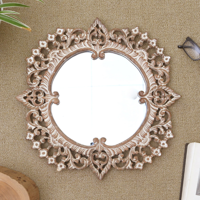 Wood wall mirror, 'Blooming Flourish' - Hand-Carved Wood Floral Wall Mirror from Bali