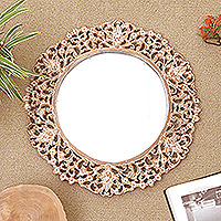 Wood wall mirror, 'Flowering Valley' - Hand-Carved Wood Floral Wall Mirror from Bali