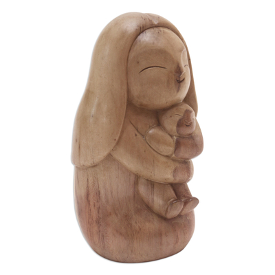 Wood statuette, 'Mother's Warmth' - Mother and Child Hibiscus Wood Statuette