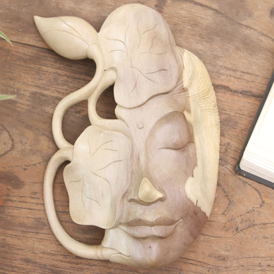 Wood mask, 'Underestimated' - Hibiscus Wood Mask with Leaf Motif