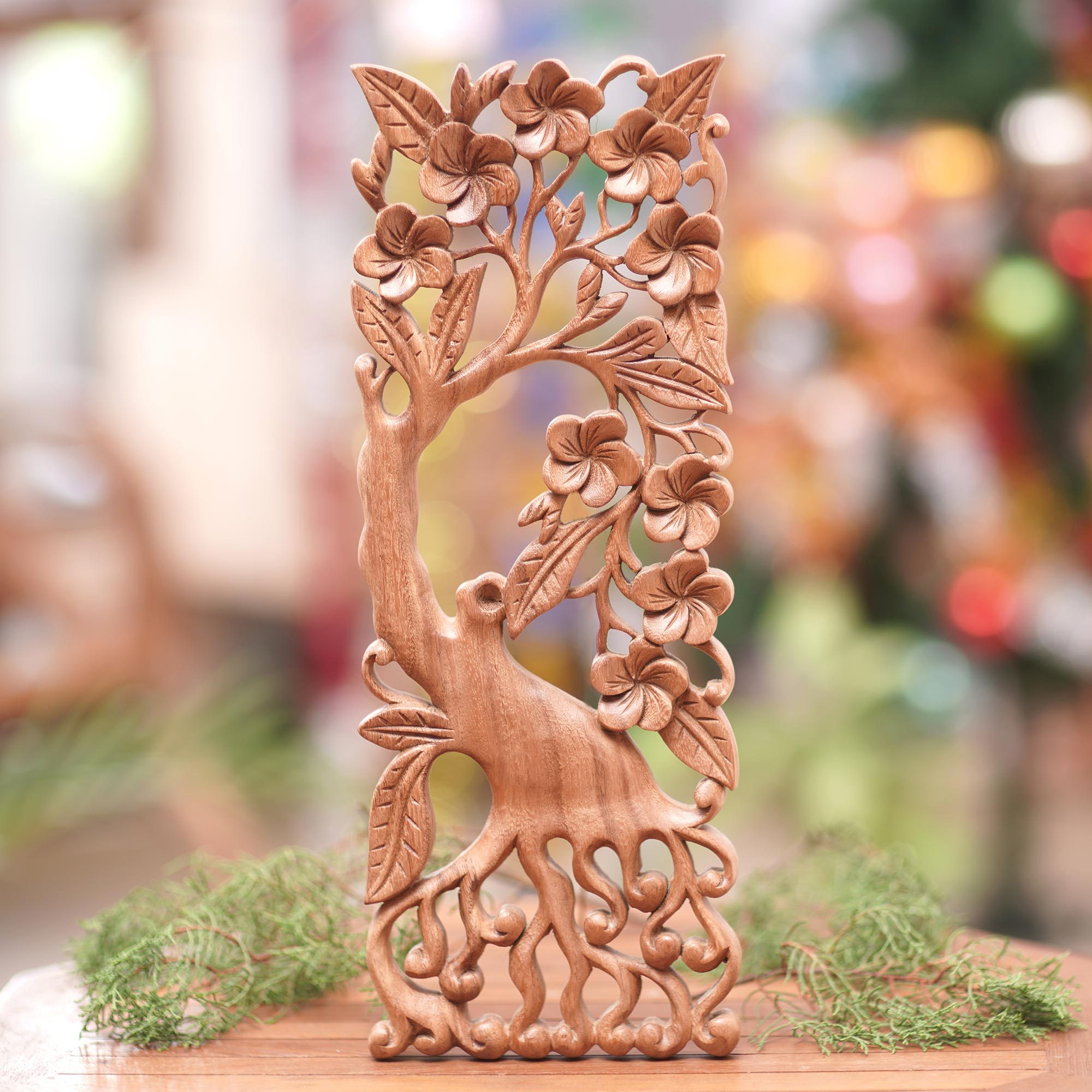 Handcrafted Wood Wall Art Relief Panel of Flowering Tree