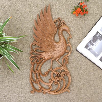 Wood relief panel, 'Everlasting Peacock' - Wood Wall Art Relief Panel of Peacock Bird from Bali