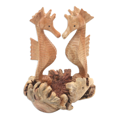 Wood statuette, 'Seahorse Romance' - Hibiscus Wood Statuette with Seahorse Motif