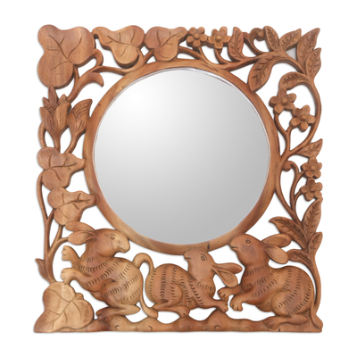 Hand-Carved Wood Floral Rabbit Wall Mirror from Bali