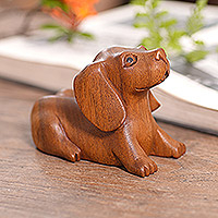Wood statuette, 'Restful Dog' - Handmade Suar Wood Statuette with Dog Motif