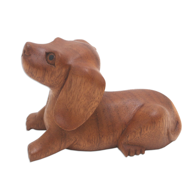 Handmade Suar Wood Statuette with Dog Motif