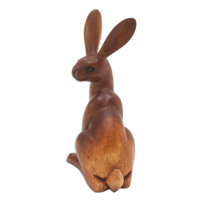 Wood statuette, 'See the Enemy' - Hand Made Suar Wood Statuette with Rabbit Motif