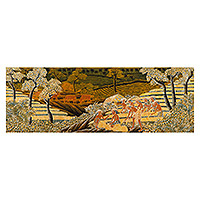 Arte de pared de batik de algodón, 'Tradición antigua' - Pintura única de batik de algodón de agricultores de arroz en la época de la cosecha