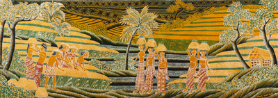 Batik-Wandkunst aus Baumwolle - Einzigartiges Baumwoll-Batikgemälde der Reisernte der Gemeinschaft