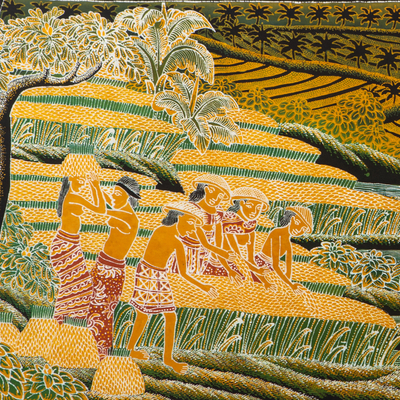 Arte de pared de batik de algodón - Pintura batik de algodón única de la comunitaria cosecha de arroz