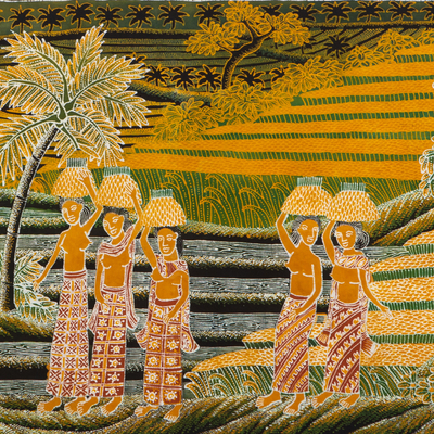 Cotton batik wall art, 'Gotong Royong Tradition' - Unique Cotton Batik Painting of the Community Rice Harvest