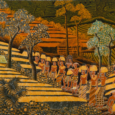 Arte de pared de batik de algodón - Única pintura batik de algodón balinés de la cosecha de arroz