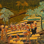 Cotton batik wall art, 'Rice Field Activities' - Unique Balinese Cotton Batik Painting of the Rice Harvest