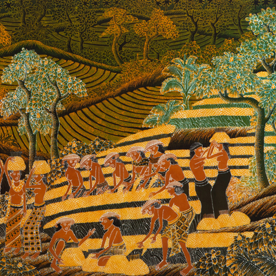 Arte de pared de batik de algodón - Única pintura batik de algodón balinés de la cosecha de arroz