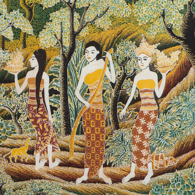 Arte de pared de batik de algodón - Pintura única de batik de algodón de la leyenda de Jaka Tarub de Bali