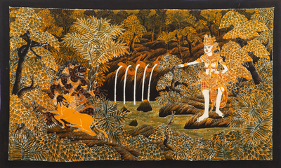 Cotton batik wall art, 'Lord Rama and the Golden Deer' - Unique Cotton Batik Ramayana Painting