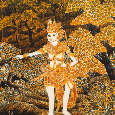 Cotton batik wall art, 'Lord Rama and the Golden Deer' - Unique Cotton Batik Ramayana Painting