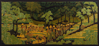 Cotton batik wall art, 'Tegalalang Harvest' - Bali Rice Harvest Unique Cotton Batik Painting
