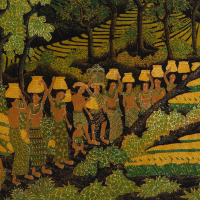 Arte de pared de batik de algodón - Cosecha de arroz de Bali pintura batik de algodón única