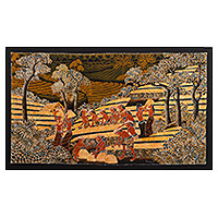 Cotton batik wall art, 'Bali Harvest Time' - Unique Cotton Batik Rice Harvest Painting