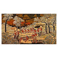 Cotton batik wall art, 'Jatiluwih Harvest' - Unique Cotton Batik Painting of the Balinese Rice Harvest