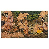 Cotton batik wall art, 'Lord Rama, Sita and the Deer' - Unique Cotton Batik Rama and Sita Deer Painting