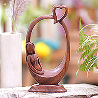 Wood statuette, 'Me Time' - Suar Wood Statuette with Heart Motif