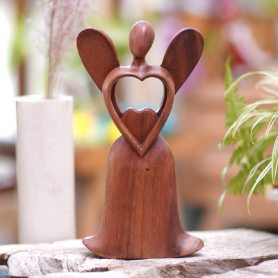 Wood statuette, 'Shining Heart' - Handcrafted Suar Wood Angel Statuette