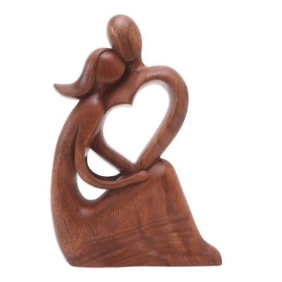 Wood statuette, 'Embrace the Feeling' - Handmade Suar Wood Statuette with Romantic Motif
