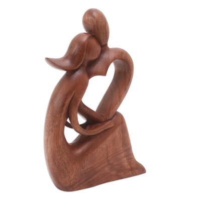 Wood statuette, 'Embrace the Feeling' - Handmade Suar Wood Statuette with Romantic Motif