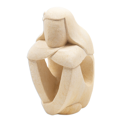 Sandstone statuette, 'Thought Over' - Hand Crafted Sandstone Statuette from Bali
