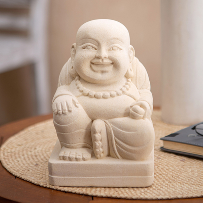 Sandstone statuette, 'Seeking Fortune' - Handmade Sandstone Statuette with Buddha Motif