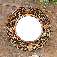 Wood wall mirror, 'Flowering Hibiscus' - Handcrafted Floral Wood Wall Mirror from Bali