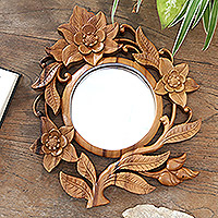 Wood wall mirror, 'Morning Blossom' - Handcrafted Floral Wood Wall Mirror from Bali
