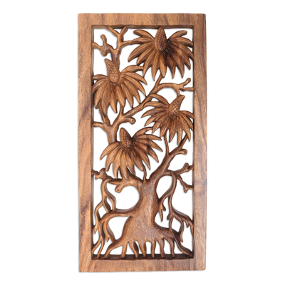 Wood relief panel, 'Snowy Spruce' - Handcrafted Wood Wall Art Relief Panel of Young Spruce Tree