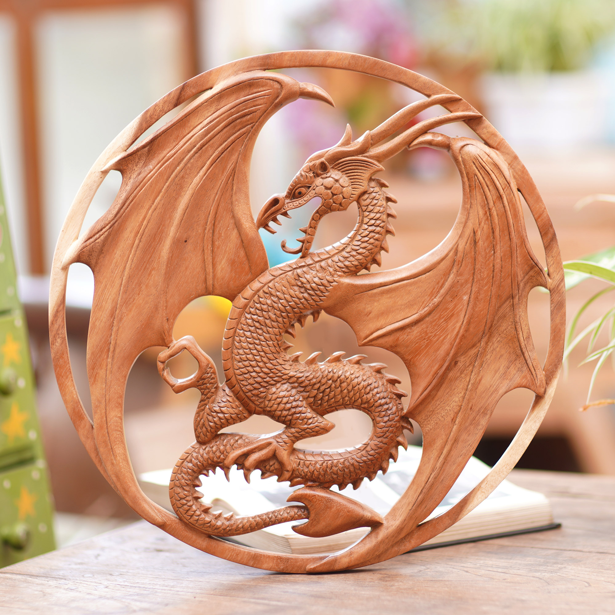Dragon Motif Wood Wall Art Relief Panel from Indonesia, 'Proud Dragon