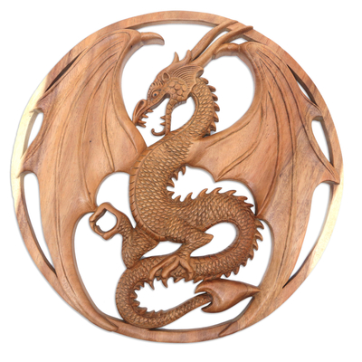 Dragon Motif Wood Wall Art Relief Panel from Indonesia