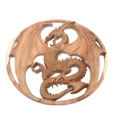 Wood relief panel, 'Proud Dragon' - Dragon Motif Wood Wall Art Relief Panel from Indonesia