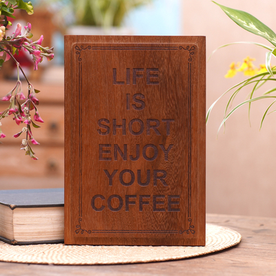 Wood plaque, 'Coffee Time' - Coffee-Themed Reclaimed Wood Plaque from Bali