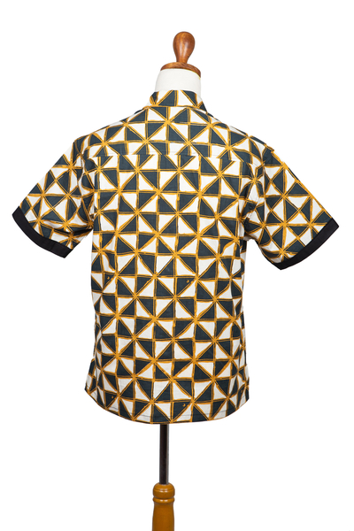 Men's batik cotton shirt, 'Weathervane' - Men's Batik Cotton Shirt with Geometric Motif