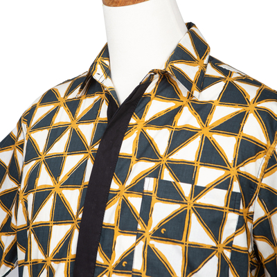 Men's batik cotton shirt, 'Weathervane' - Men's Batik Cotton Shirt with Geometric Motif