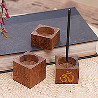 Wood incense holders, 'Mystical Om' (set of 3) - Hand Carved Ironwood Incense Holders (Set of 3)