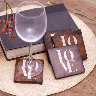 Wood coasters, 'Sip of Love' (set of 4) - Reclaimed Ironwood Love Coasters (Set of 4)