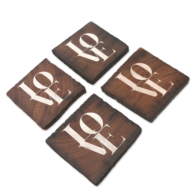 Wood coasters, 'Sip of Love' (set of 4) - Reclaimed Ironwood Love Coasters (Set of 4)