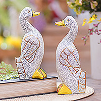 Wood statuettes, 'Duck, Duck, Goose in White' (pair) - Hand Made Albesia Wood Duck Statuettes (Pair)
