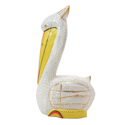 Wood statuette, 'Pelican Crossing in White' - Hand Crafted Albesia Wood Pelican Statuette