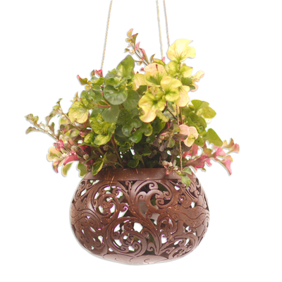 Coconut shell hanging planter, 'Tropical House in Lizard' - Hand Made Coconut Shell Hanging Planter