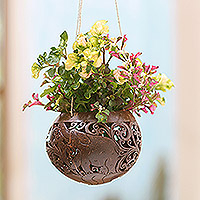 Coconut shell hanging planter, 'Tropical House in Elephant' - Hand Crafted Coconut Shell Hanging Planter